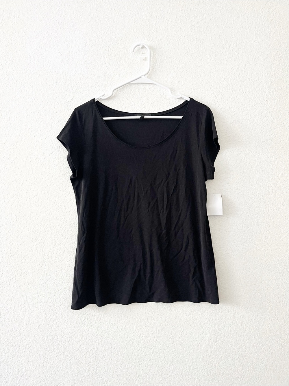 Eileen Fisher 100% Silk Scoop Neck Top Black‎ Short Sleeve Size L